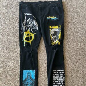 GFTD Men’s Black Graphic Distressed Jeans 41x34 Skull Punk Grunge Streetwear Den